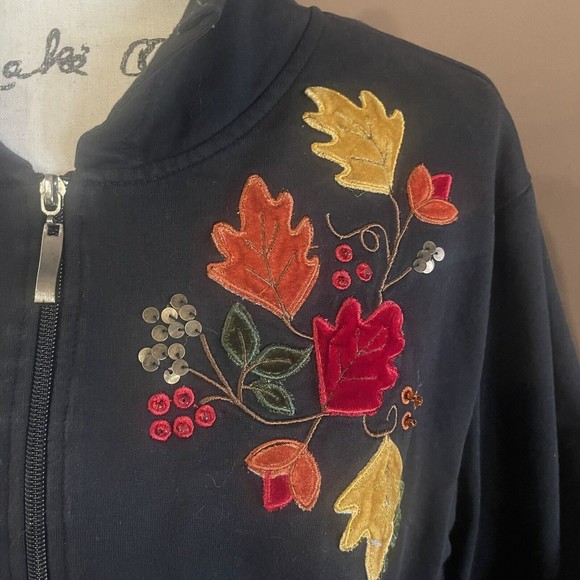 Mandal Bay Zip Up Fall Velvet Leaves Leaves Black Jacket/Cardigan  Large Cotton - Picture 11 of 12